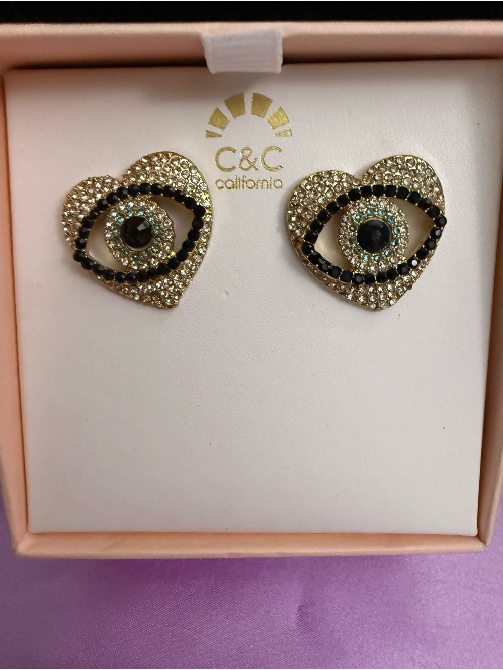 C&C California Gold plated Heart Eye Crystal Stud Earrings - Black Accents